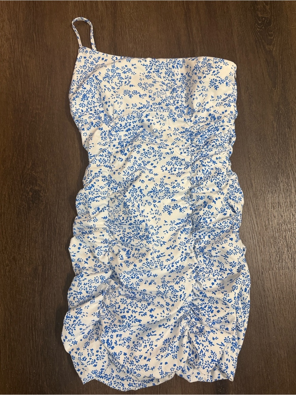 White & Blue Floral Ruched Mini Dress